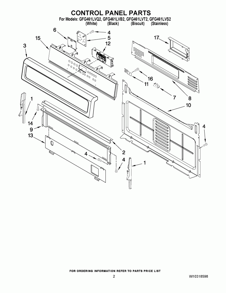 CONTROL PANEL PARTS Diagram and Parts List for GFG461LVB2  Whirlpool Range
