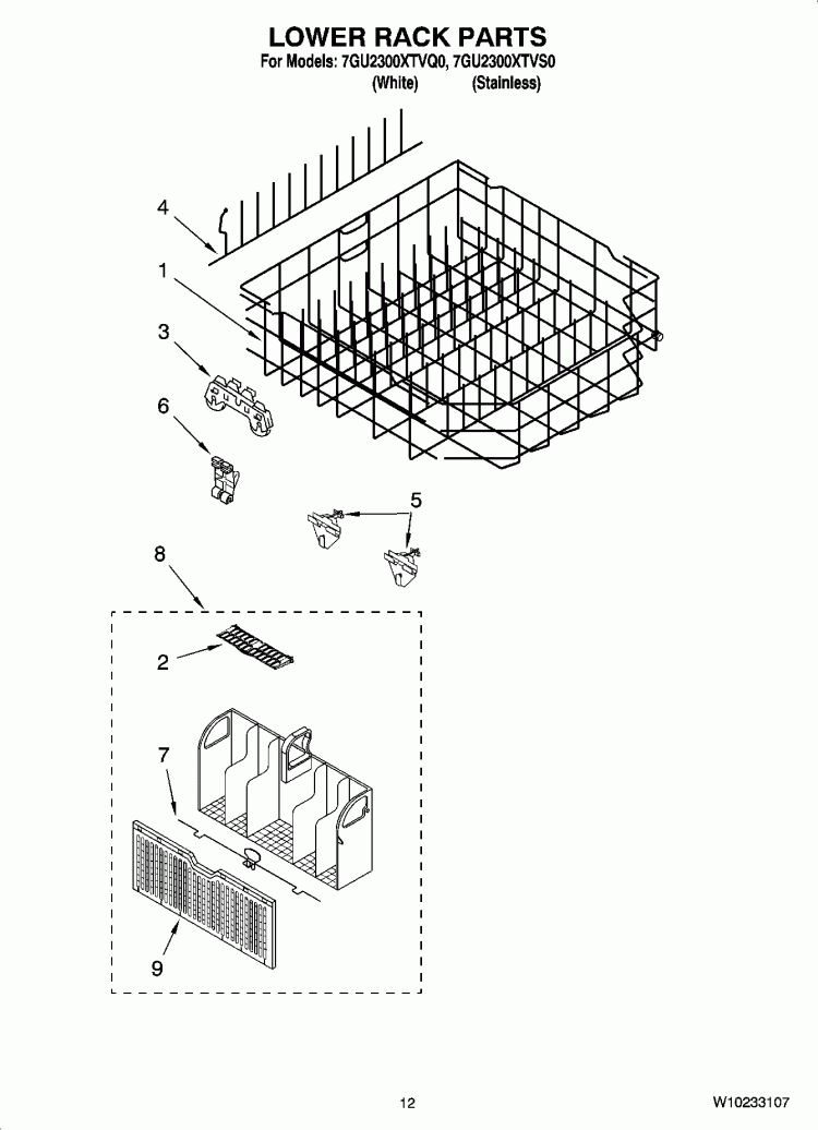 LOWER RACK PARTS Diagram and Parts List for 7GU2300XTVQ0  Whirlpool Dishwasher