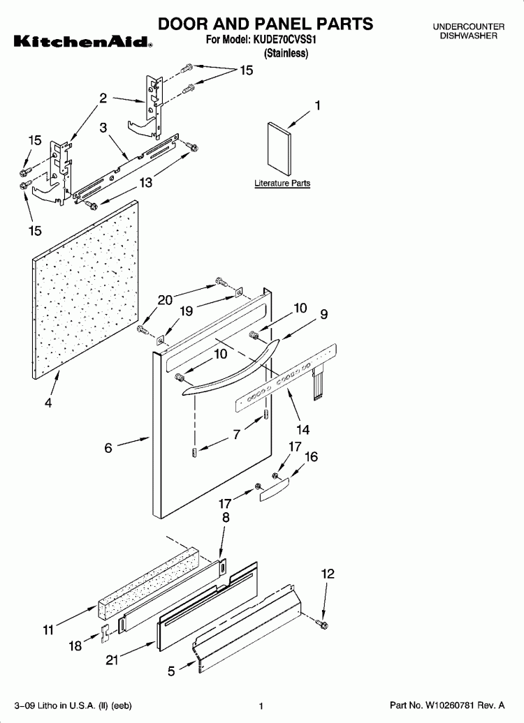 DOOR AND PANEL PARTS Diagram and Parts List for KUDE70CVSS1  KitchenAid Dishwasher