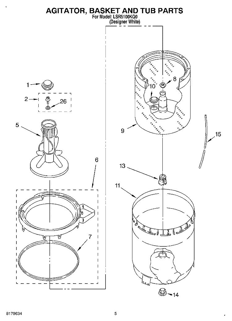 AGITATOR, BASKET AND TUB Diagram and Parts List for LSR5100KQ0  Whirlpool Washer