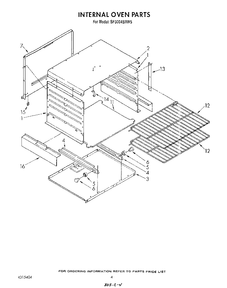 INTERNAL OVEN Diagram and Parts List for SF3004SRW5  Whirlpool Range
