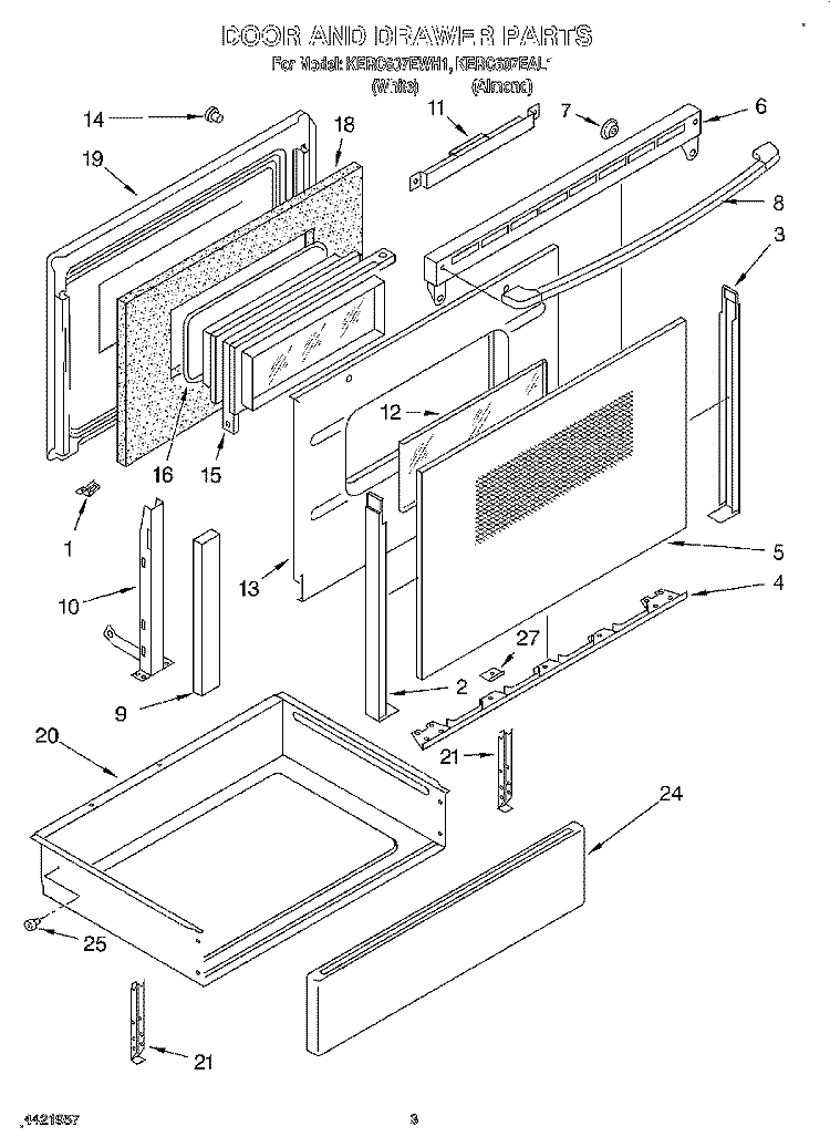 DOOR AND DRAWER Diagram and Parts List for KERC607EWH1  KitchenAid Range