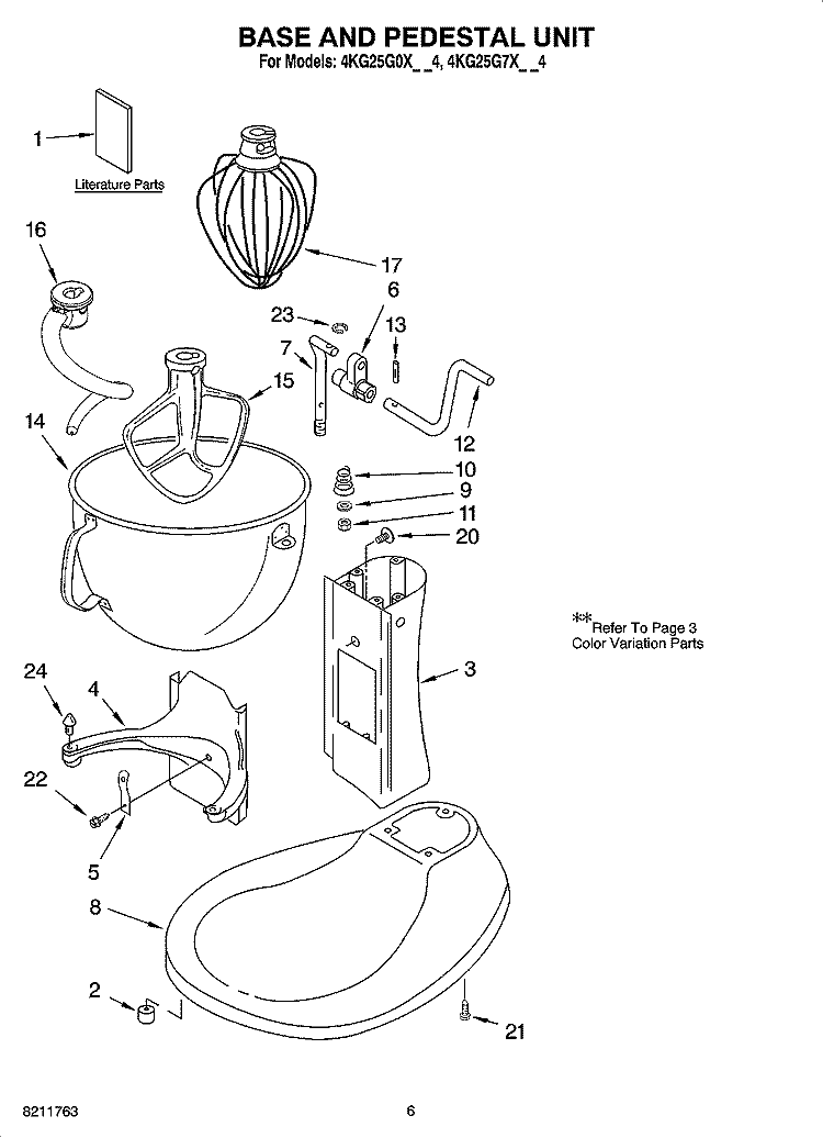 BASE AND PEDESTAL UNIT, OPTIONAL PARTS Diagram and Parts List for 4KG25G7XER4  KitchenAid Mixer