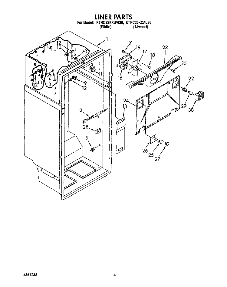 LINER Diagram and Parts List for KTRC22KXWH20  KitchenAid Refrigerator