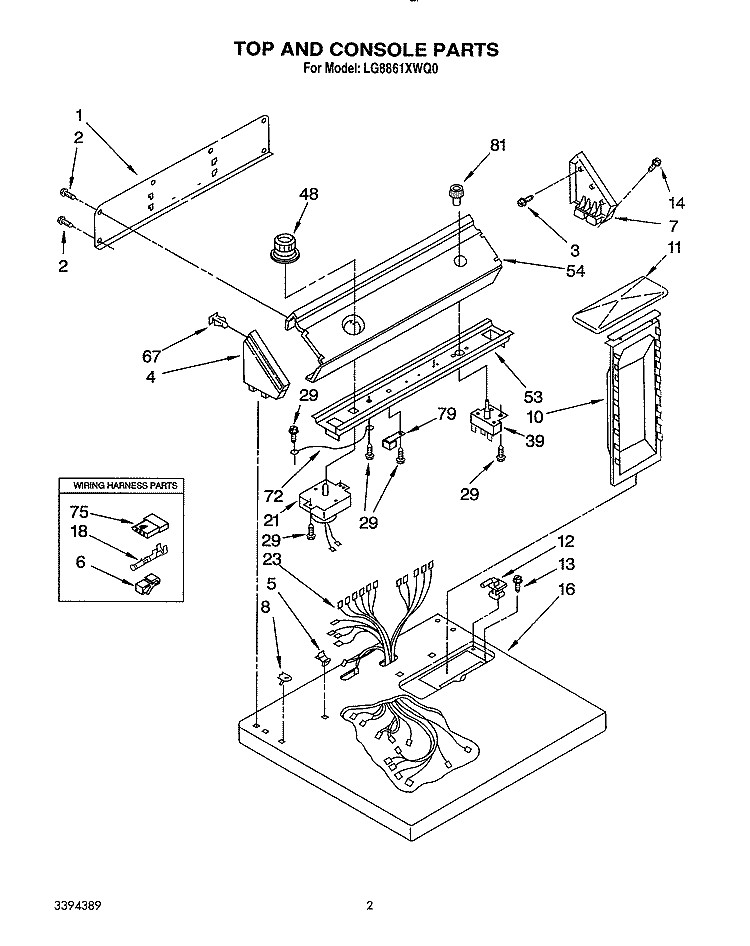 TOP AND CONSOLE, LIT/OPTIONAL Diagram and Parts List for LG8861XWQ0  Whirlpool Dryer