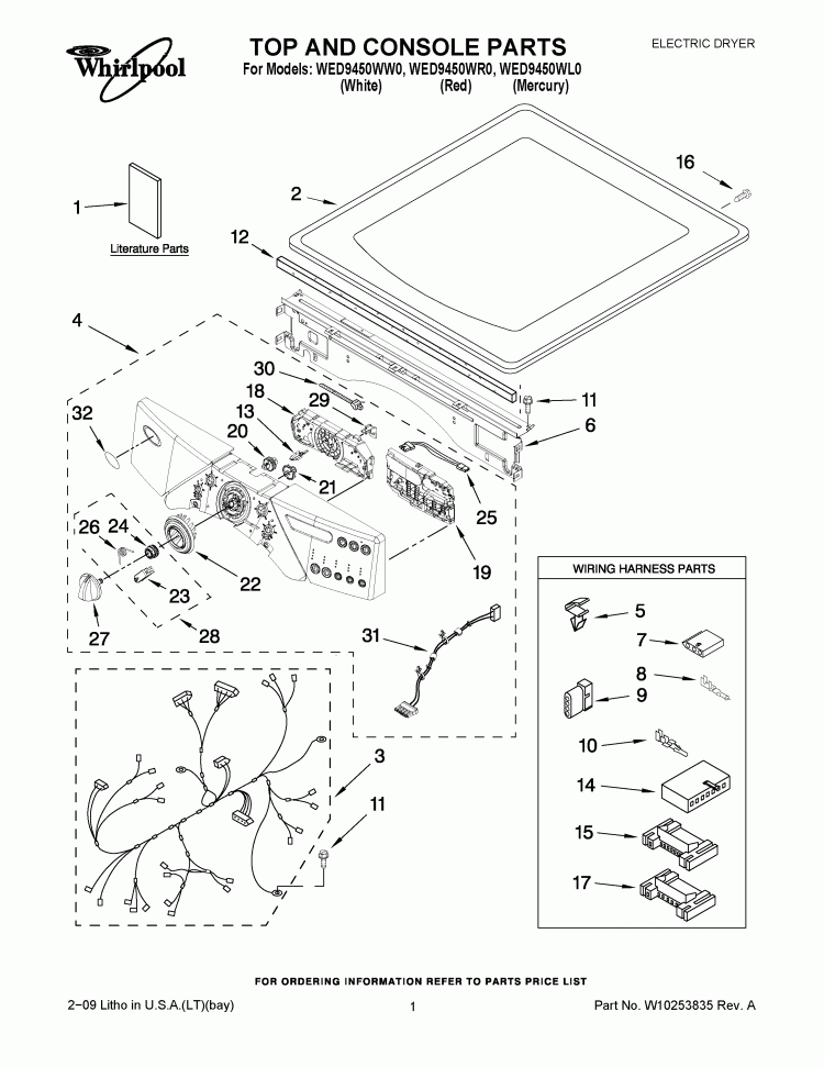 TOP AND CONSOLE PARTS Diagram and Parts List for WED9450WW0  Whirlpool Dryer
