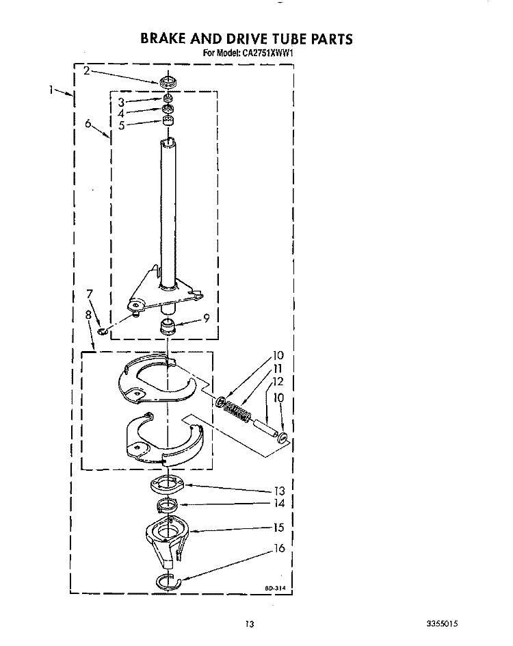 BRAKE AND DRIVE TUBE Diagram and Parts List for CA2751XWW1  Whirlpool Washer