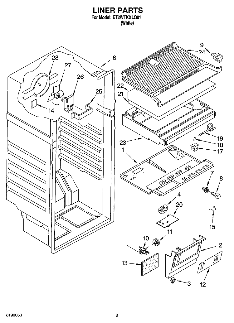 LINER PARTS Diagram and Parts List for ET2WTKXLQ01  Whirlpool Refrigerator