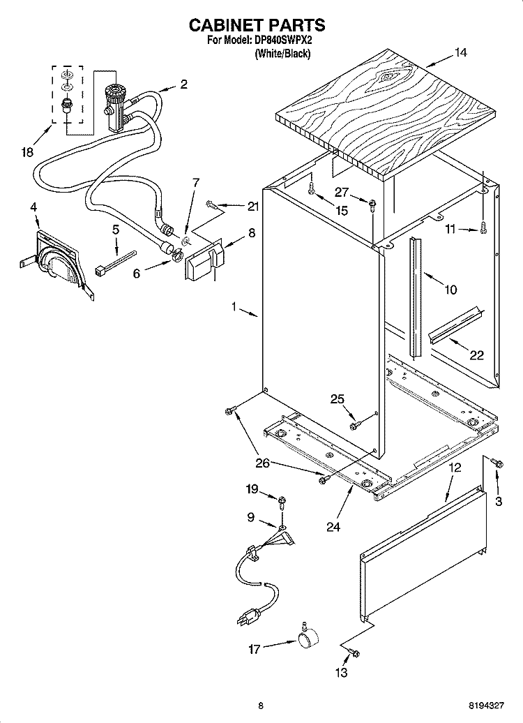 CABINET PARTS, OPTIONAL PARTS (NOT INCLUDED) Diagram and Parts List for DP840SWPX2  Whirlpool Dishwasher