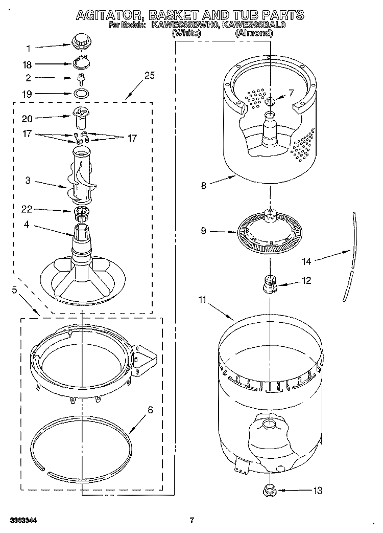 AGITATOR, BASKET AND TUB Diagram and Parts List for KAWE565BAL0  KitchenAid Washer