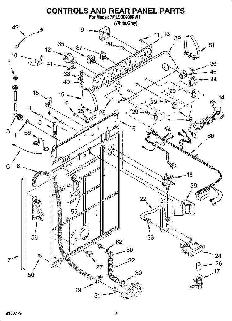CONTROLS AND REAR PANEL PARTS Diagram and Parts List for 7MLSD8900PW1  Whirlpool Washer