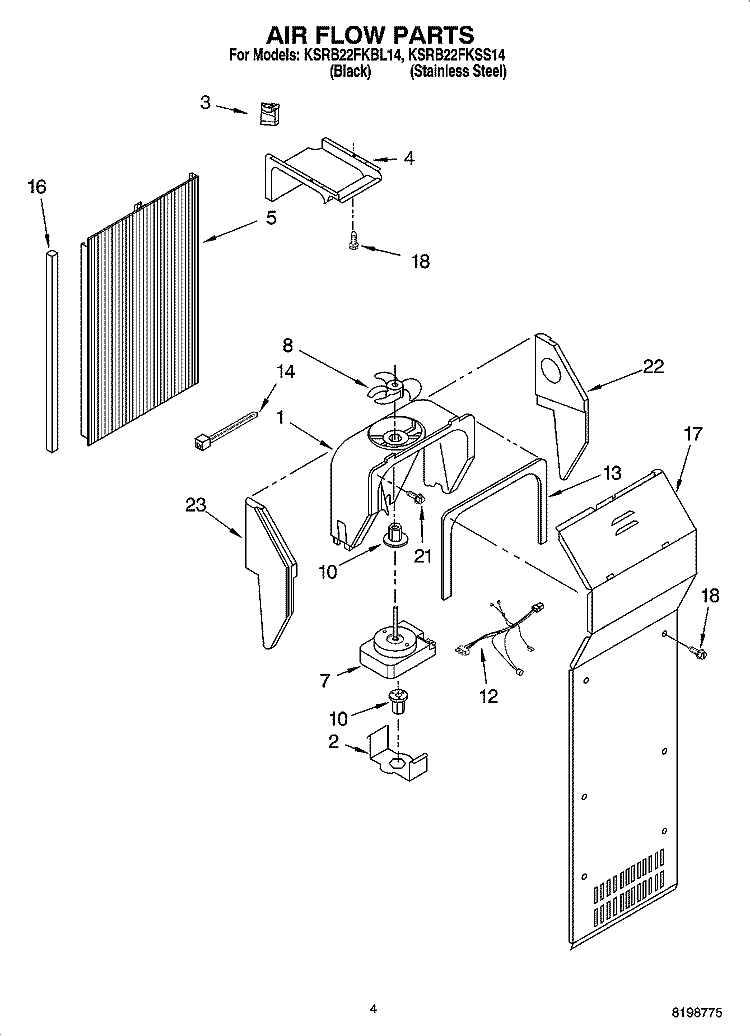 AIR FLOW PARTS Diagram and Parts List for KSRB22FKSS14  KitchenAid Refrigerator