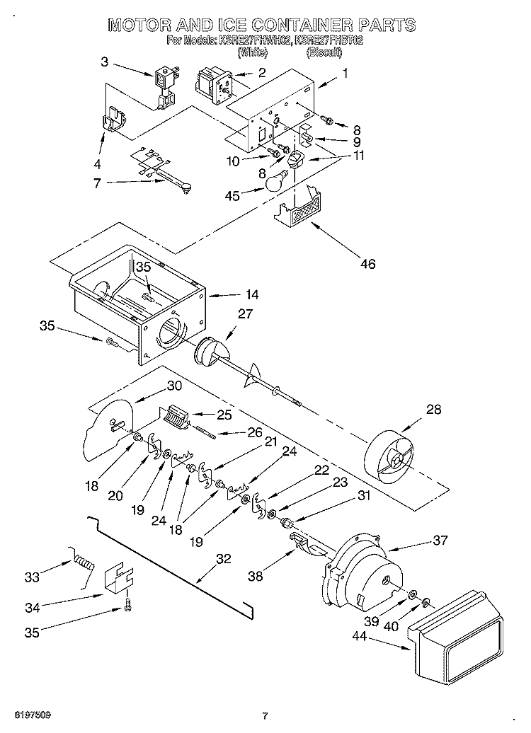 MOTOR AND ICE CONTAINER Diagram and Parts List for KSRE27FHBT02  KitchenAid Refrigerator
