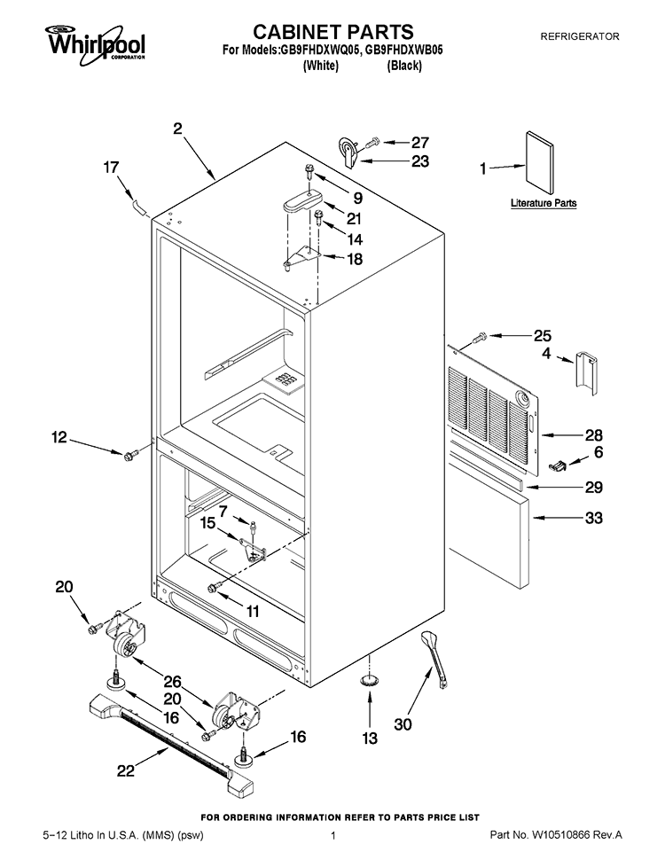 CABINET PARTS Diagram and Parts List for GB9FHDXWQ05  Whirlpool Refrigerator