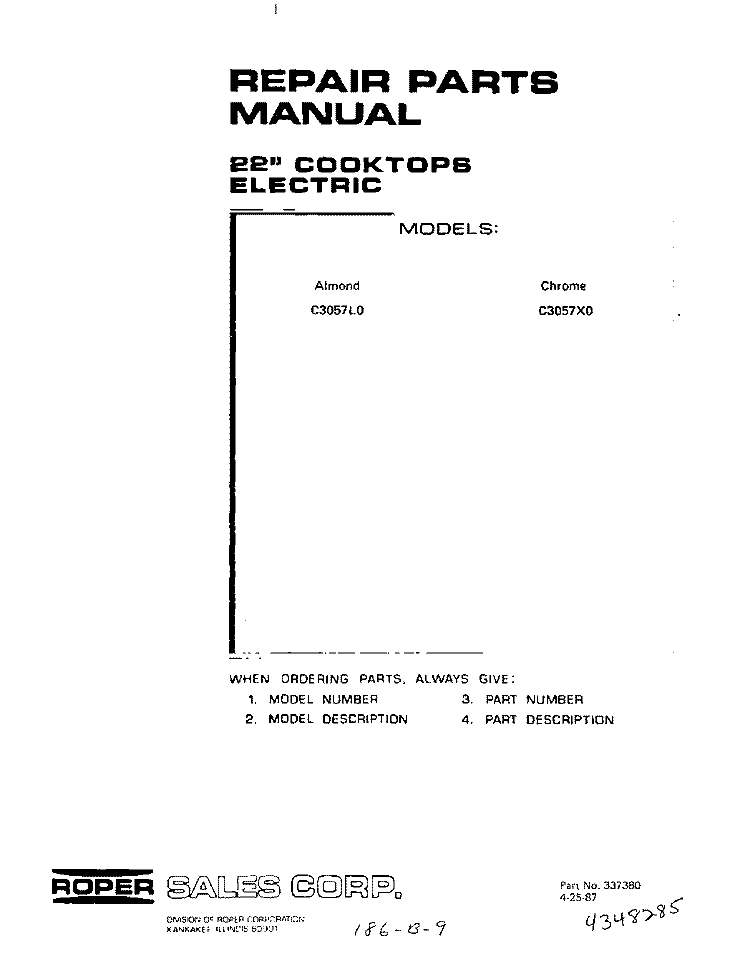 COVER Diagram and Parts List for C3057X0  Roper Range