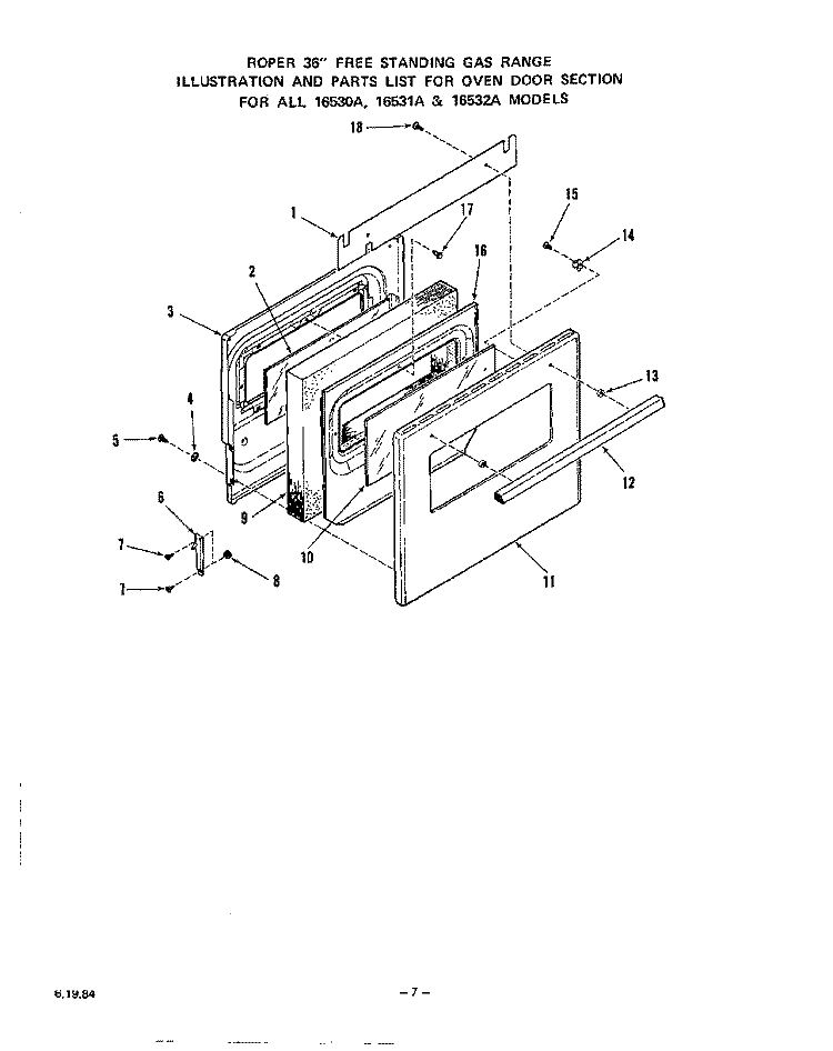 OVEN DOOR Diagram and Parts List for 1653W0A  Roper Range
