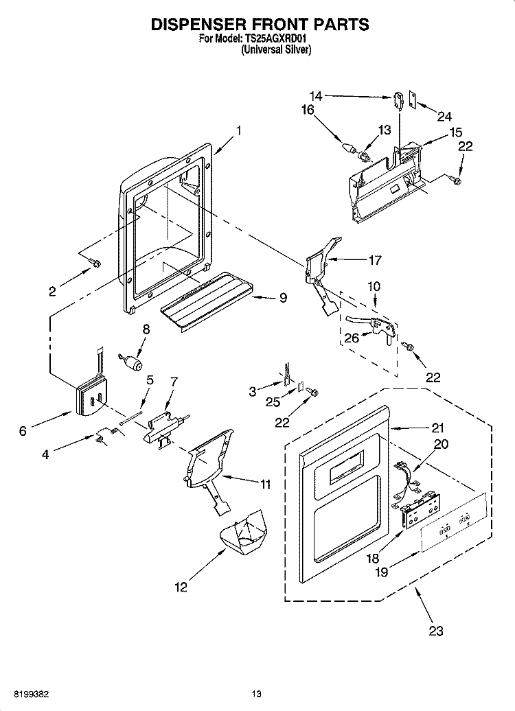 DISPENSER FRONT PARTS Diagram and Parts List for TS25AGXRD01  Estate Refrigerator