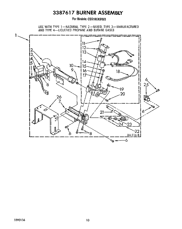 3387617 BURNER ASSEMBLY Diagram and Parts List for CS5105XWW0  Whirlpool Dryer