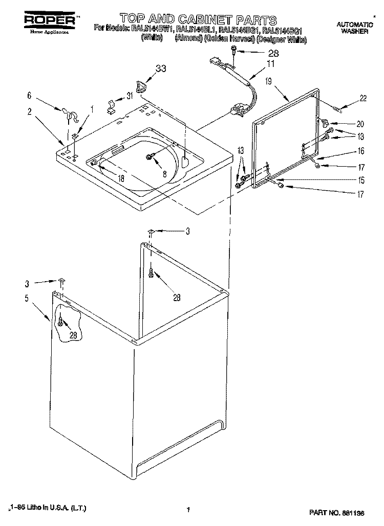 TOP AND CABINET, LIT/OPTIONAL Diagram and Parts List for RAL5144BG1  Whirlpool Washer