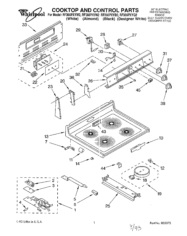 COOKTOP AND CONTROL Diagram and Parts List for RF366PXYB2  Whirlpool Range