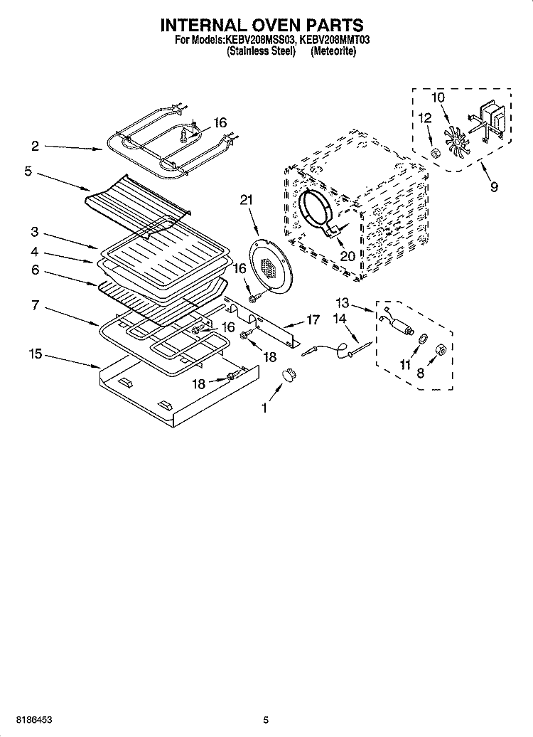 INTERNAL OVEN PARTS Diagram and Parts List for KEBV208MSS03  KitchenAid Wall Oven