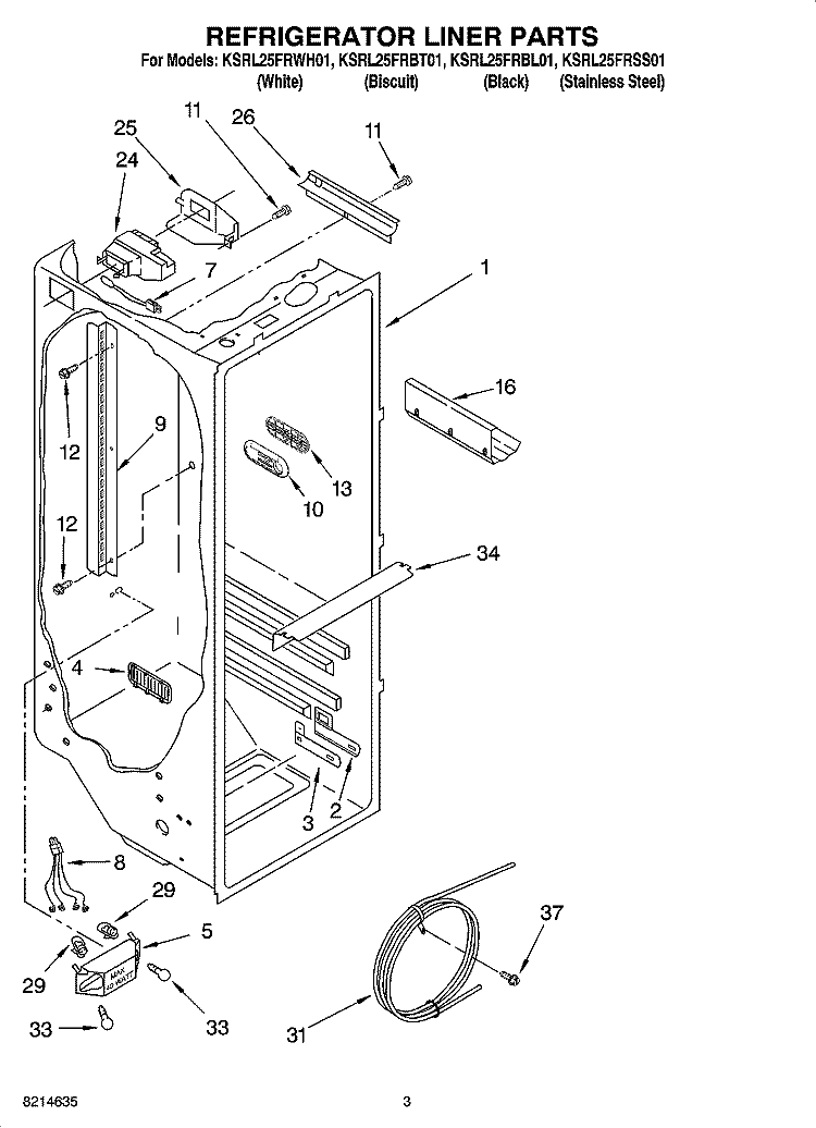 REFRIGERATOR LINER PARTS Diagram and Parts List for KSRL25FRBL01  KitchenAid Refrigerator