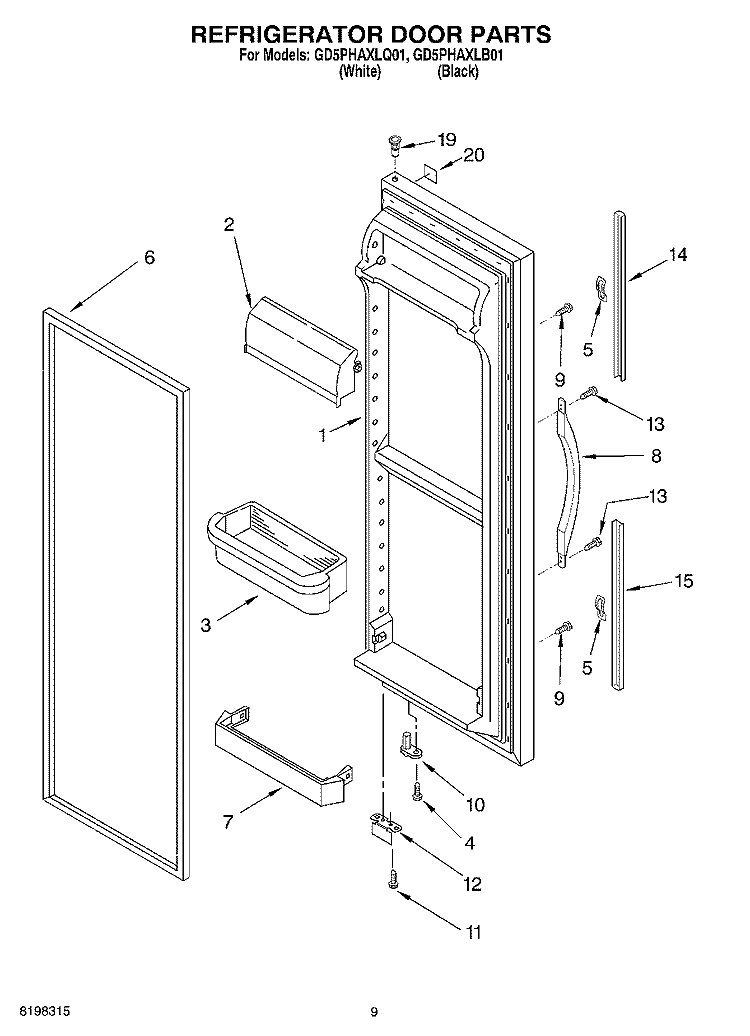 REFRIGERATOR DOOR PARTS Diagram and Parts List for GD5PHAXLQ01  Whirlpool Refrigerator