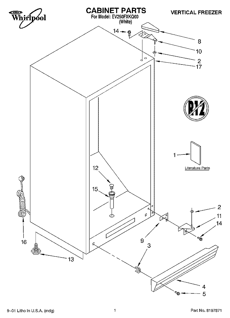 CABINET, LITERATURE Diagram and Parts List for EV250FXKQ00  Whirlpool Freezer