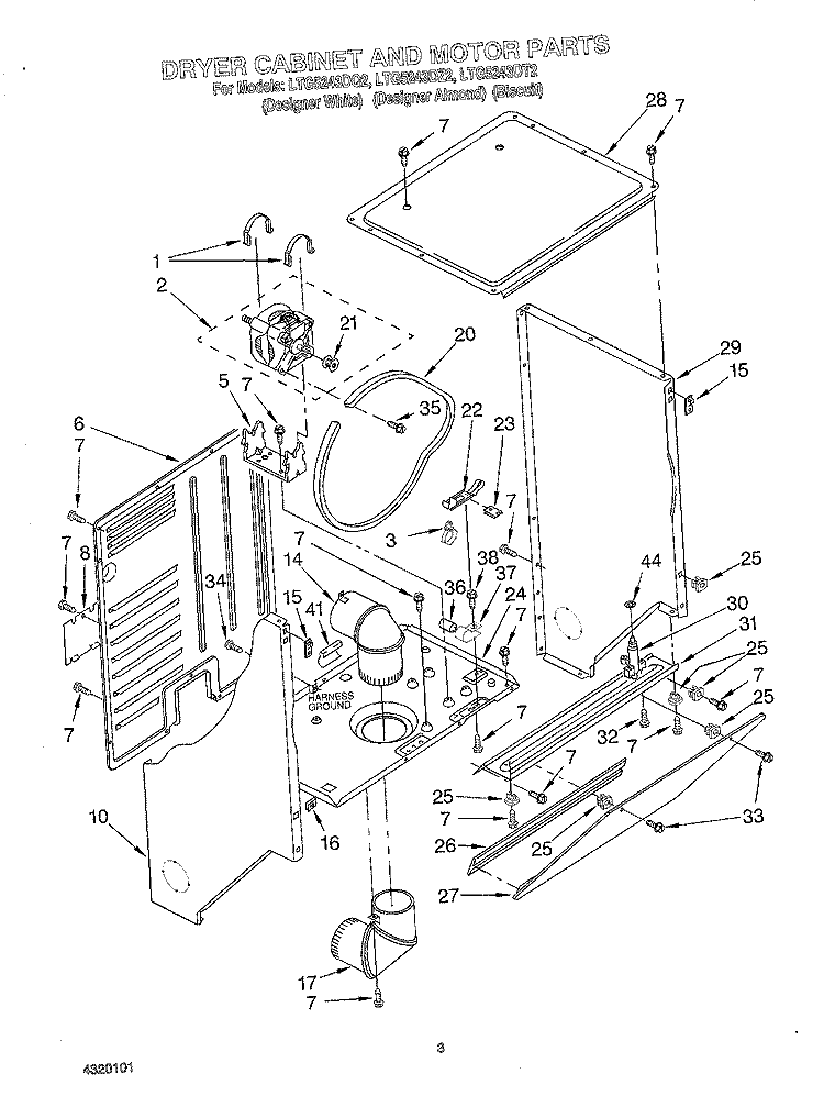 DRYER CABINET AND MOTOR Diagram and Parts List for LTG5243DT2  Whirlpool Washer Dryer Combo