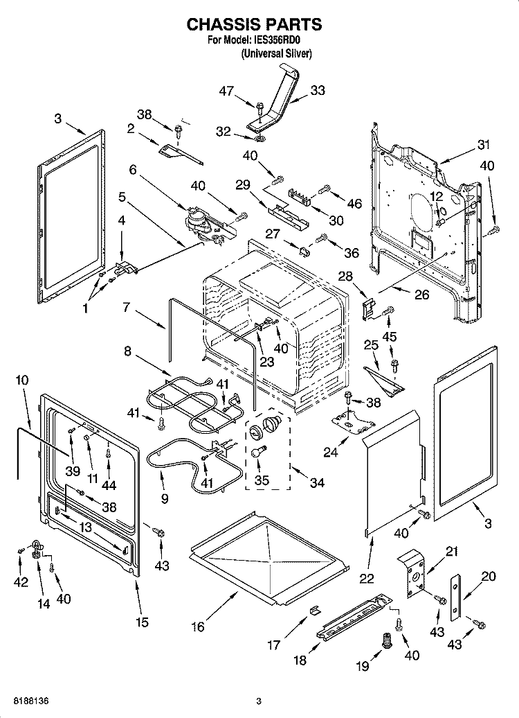 CHASSIS PARTS Diagram and Parts List for IES356RD0  Inglis Range