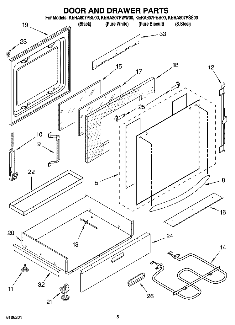 DOOR AND DRAWER PARTS Diagram and Parts List for KERA807PBB00  KitchenAid Range
