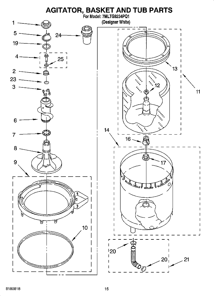 AGITATOR, BASKET AND TUB PARTS Diagram and Parts List for 7MLTG8234PQ1  Whirlpool Washer Dryer Combo