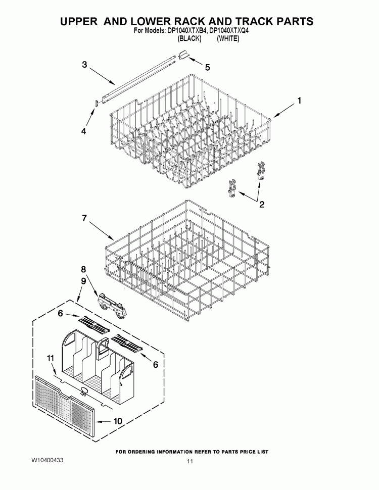 UPPER AND LOWER RACK AND TRACK PARTS Diagram and Parts List for DP1040XTXB4  Whirlpool Dishwasher