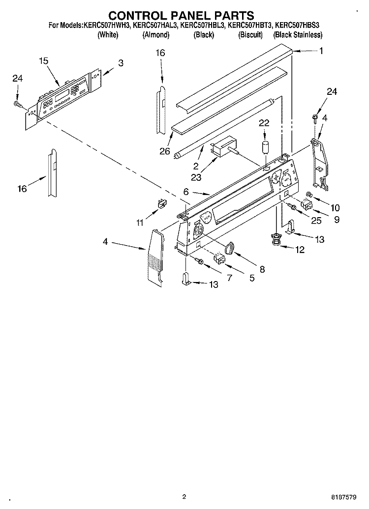 CONTROL PANEL Diagram and Parts List for KERC507HBL3  KitchenAid Range