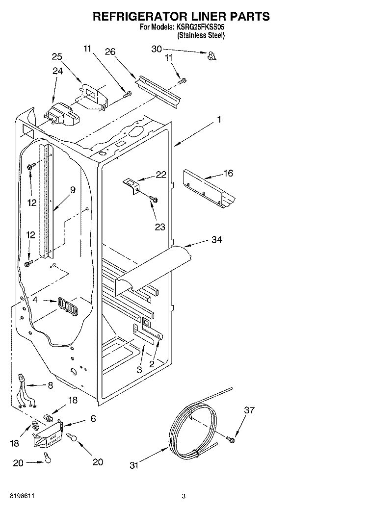REFRIGERATOR LINER PARTS Diagram and Parts List for KSRG25FKSS05  KitchenAid Refrigerator