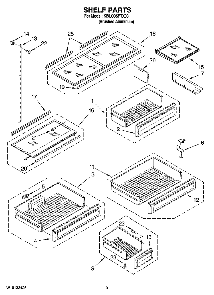 SHELF PARTS Diagram and Parts List for KBLO36FTX00  KitchenAid Refrigerator