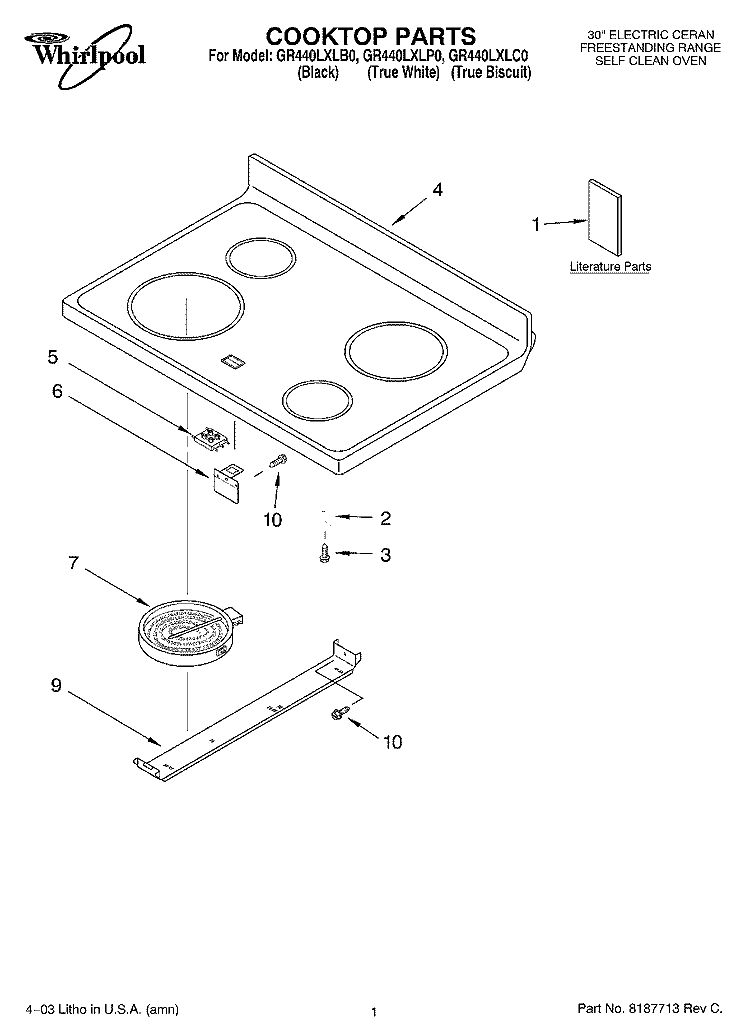 COOKTOP PARTS Diagram and Parts List for GR440LXLP0  Whirlpool Range