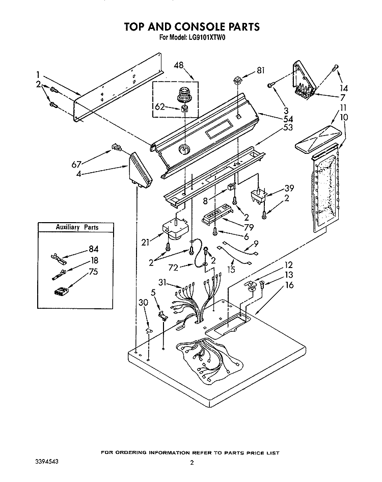 TOP AND CONSOLE, LIT/OPTIONAL Diagram and Parts List for LG9101XTN0  Whirlpool Dryer