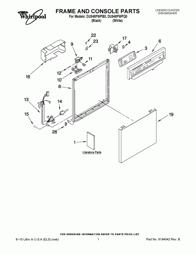 FRAME AND CONSOLE PARTS Diagram and Parts List for DU948PWPQ0  Whirlpool Dishwasher