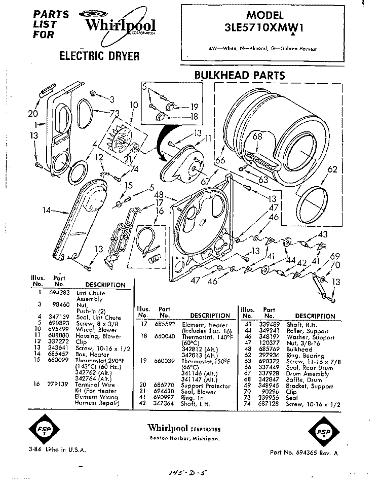 SECTION Diagram and Parts List for 3LE5710XMW1  Whirlpool Dryer