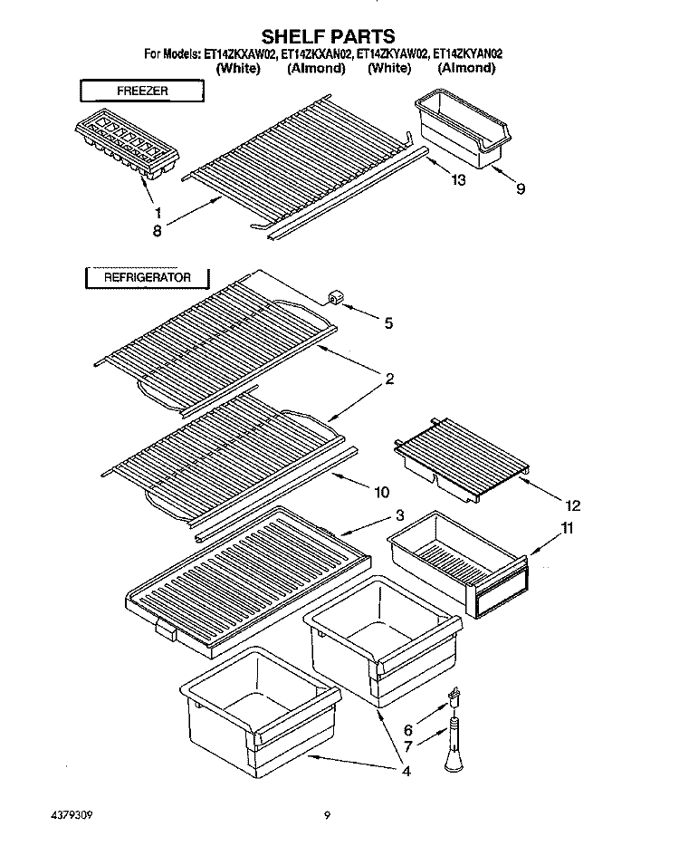 SHELF Diagram and Parts List for ET14ZKXAN02  Whirlpool Refrigerator