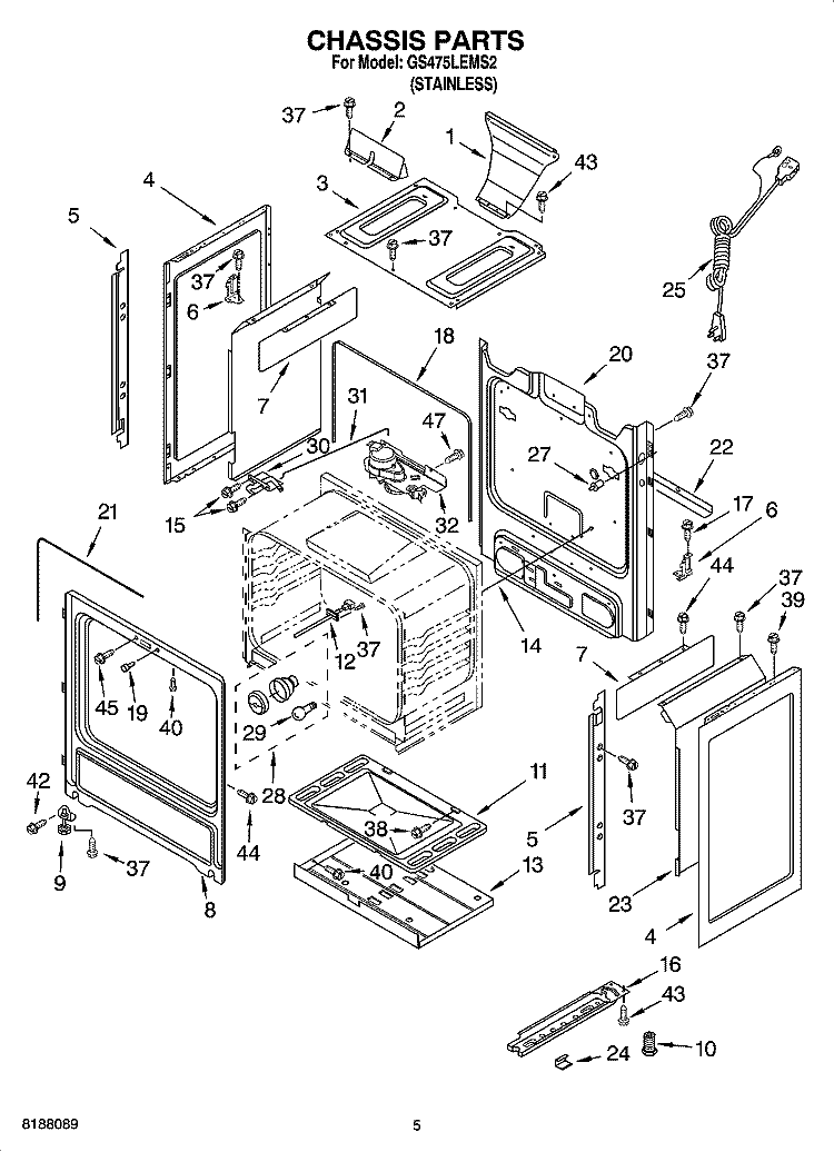 CHASSIS PARTS Diagram and Parts List for GS475LEMS2  Whirlpool Range