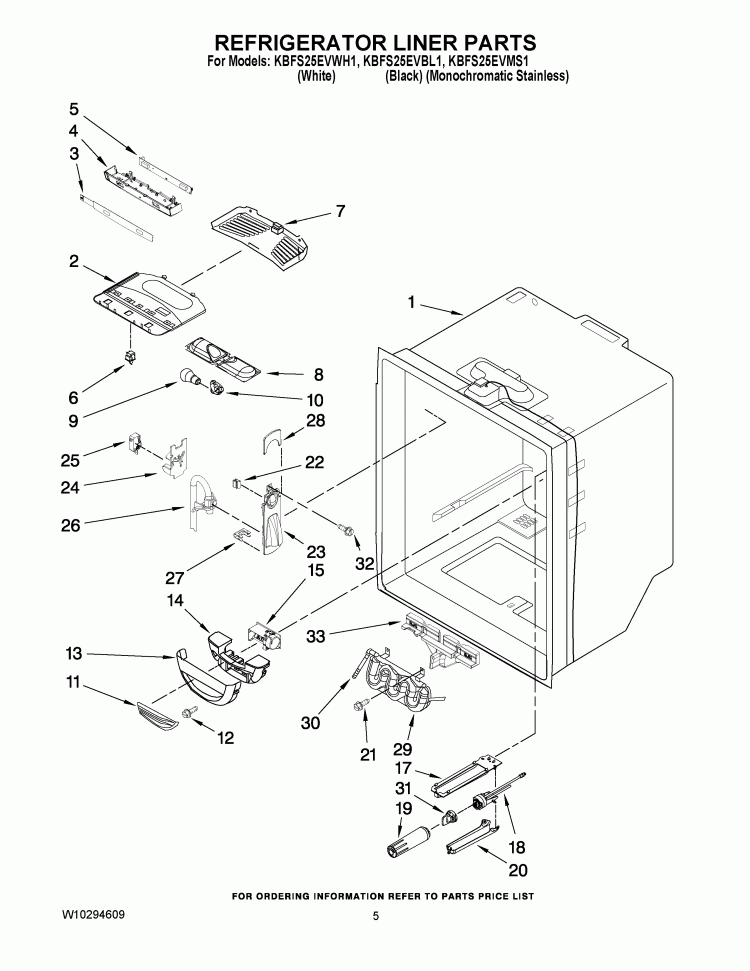 REFRIGERATOR LINER PARTS Diagram and Parts List for KBFS25EVMS1  KitchenAid Refrigerator