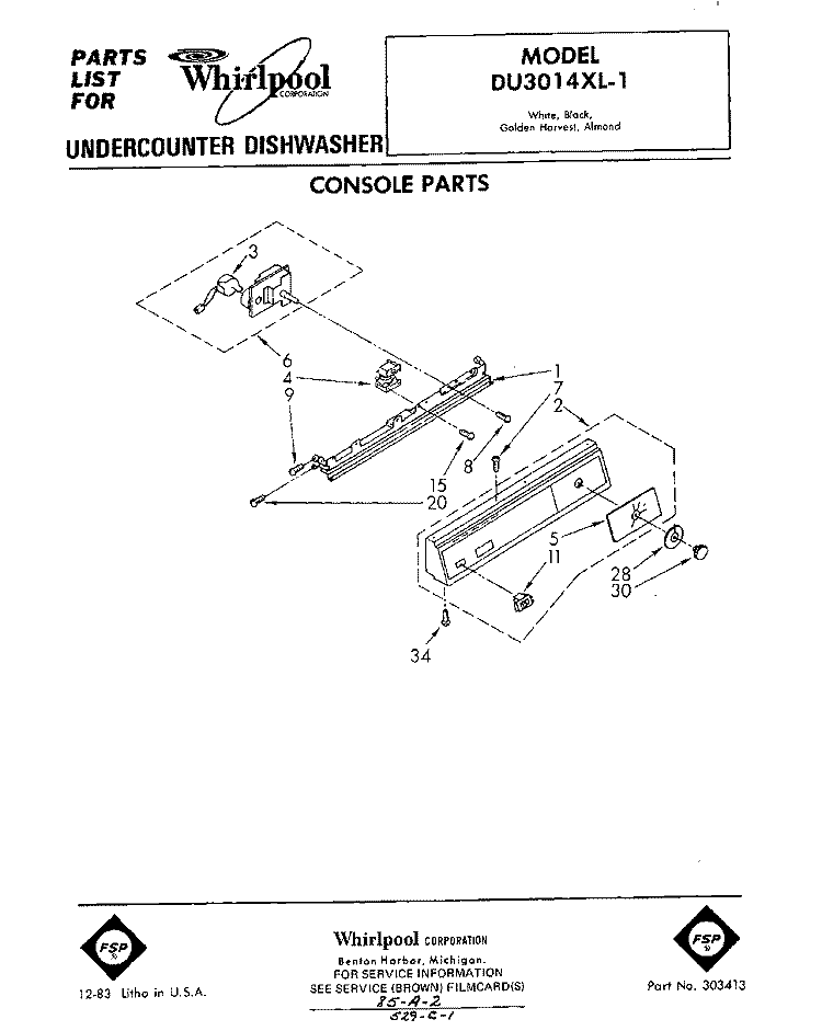 CONSOLE Diagram and Parts List for DU3014XL1  Whirlpool Dishwasher