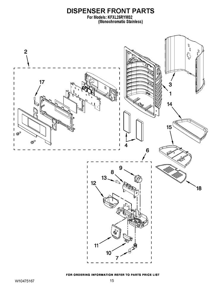 DISPENSER FRONT PARTS Diagram and Parts List for KFXL25RYMS2  KitchenAid Refrigerator