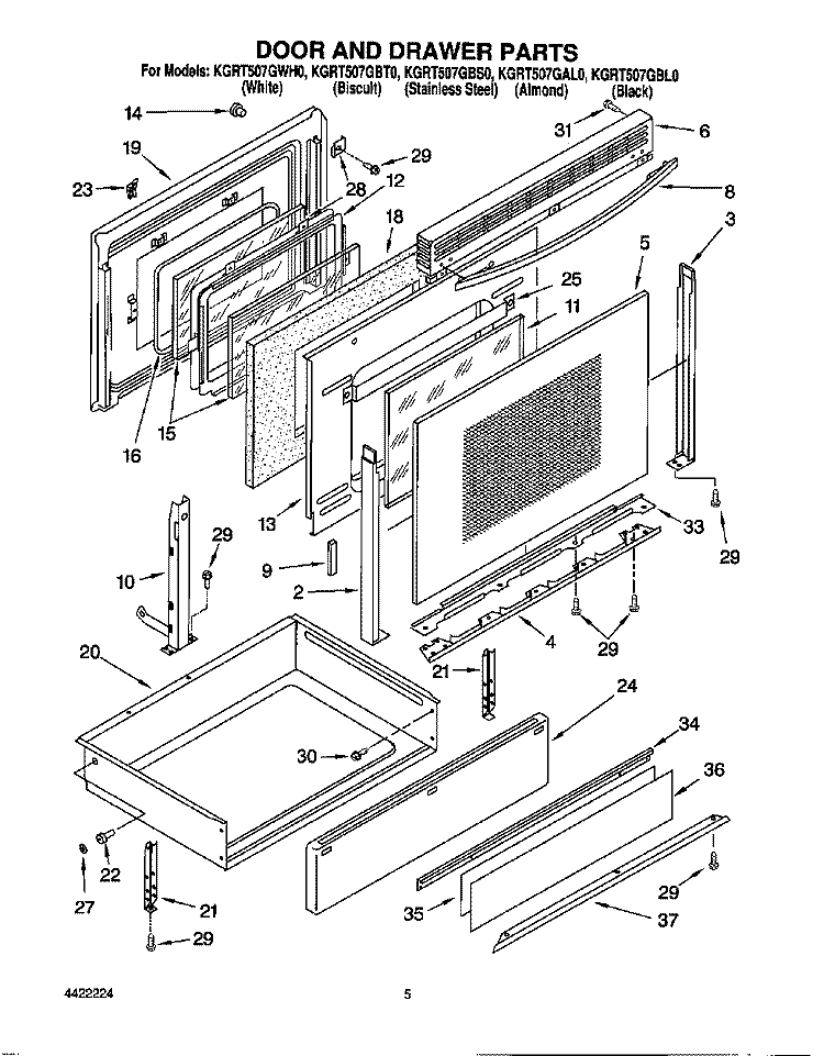 DOOR & DRAWER Diagram and Parts List for KGRT507GBL0  KitchenAid Range