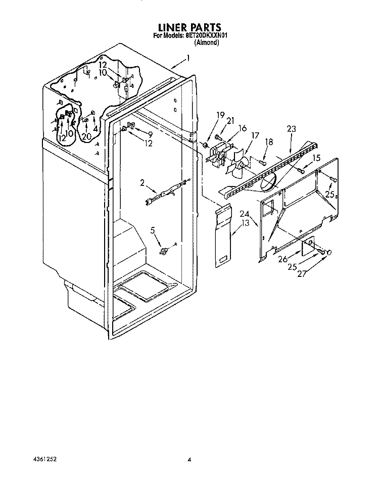LINER Diagram and Parts List for 8ET20DKXXN01  Whirlpool Refrigerator