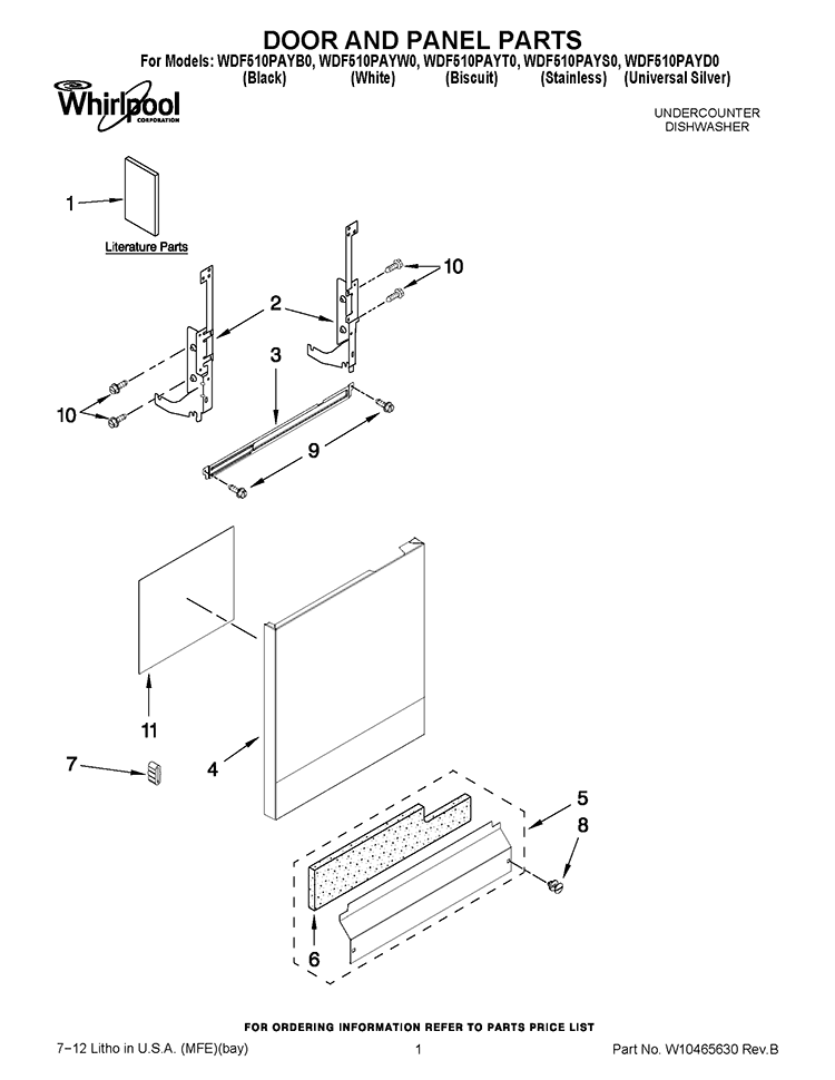 DOOR AND PANEL PARTS Diagram and Parts List for WDF510PAYS0  Whirlpool Dishwasher