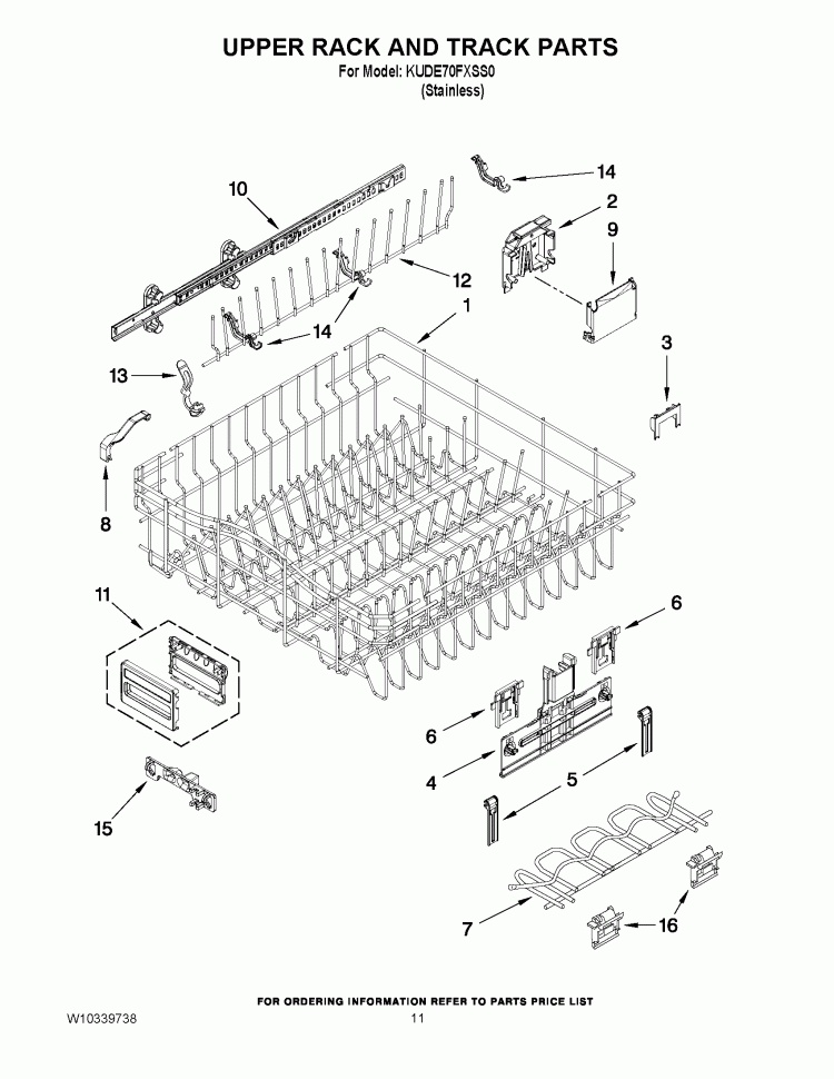UPPER RACK AND TRACK PARTS Diagram and Parts List for KUDE70FXSS0  KitchenAid Dishwasher