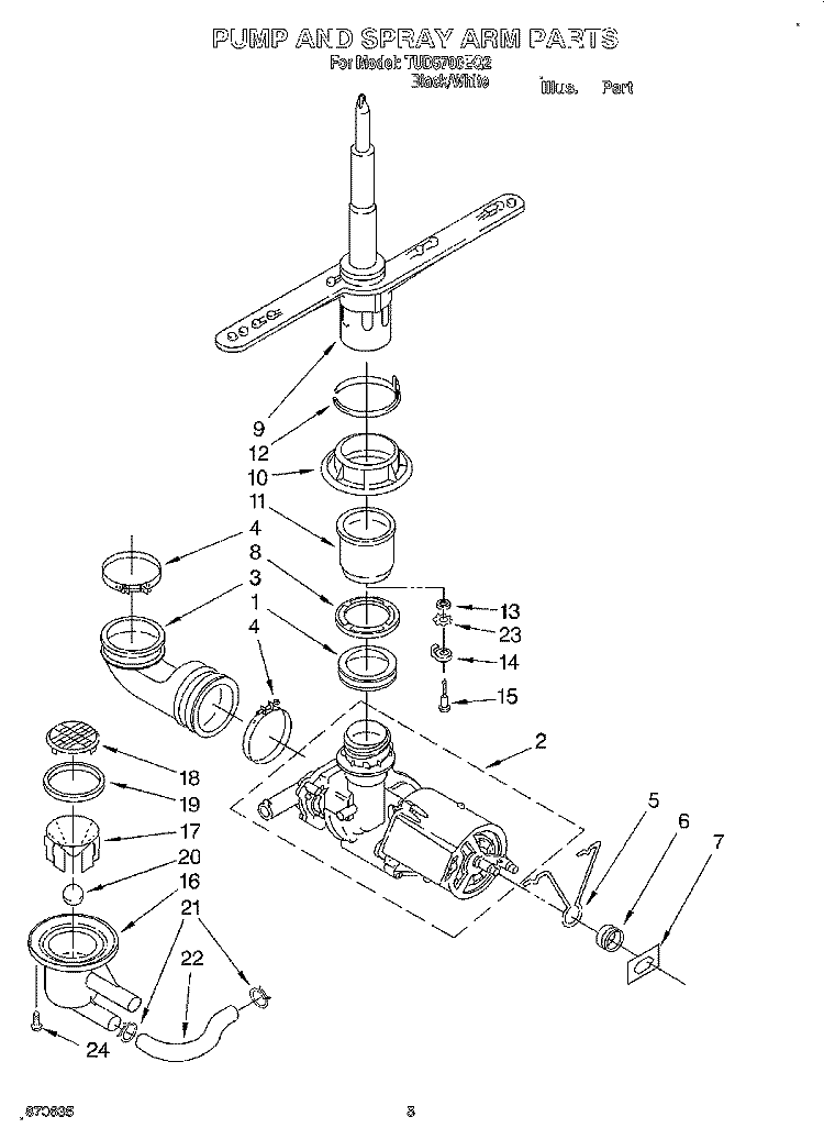 PUMP AND SPRAY ARM Diagram and Parts List for TUD5700EQ2  Estate Dishwasher
